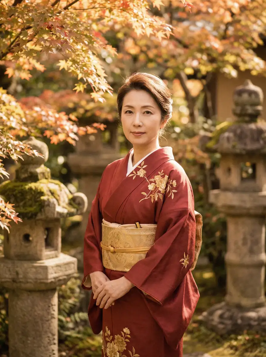 一位身穿暗红色和服的优雅 女神视频-美女直播高清视频|免费在线观赏 在日式庭院中